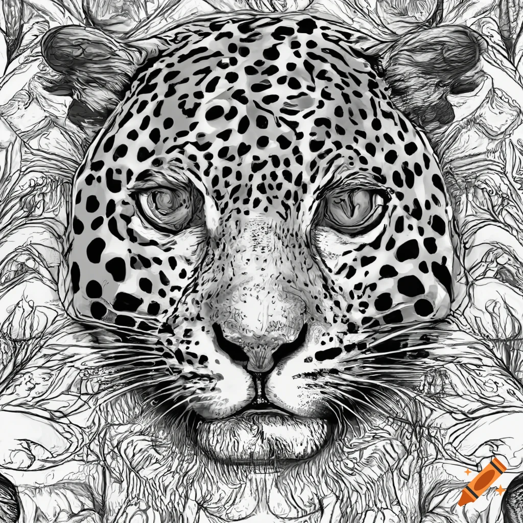 Jaguar walking in a tropical rainforest black and white line drawing
