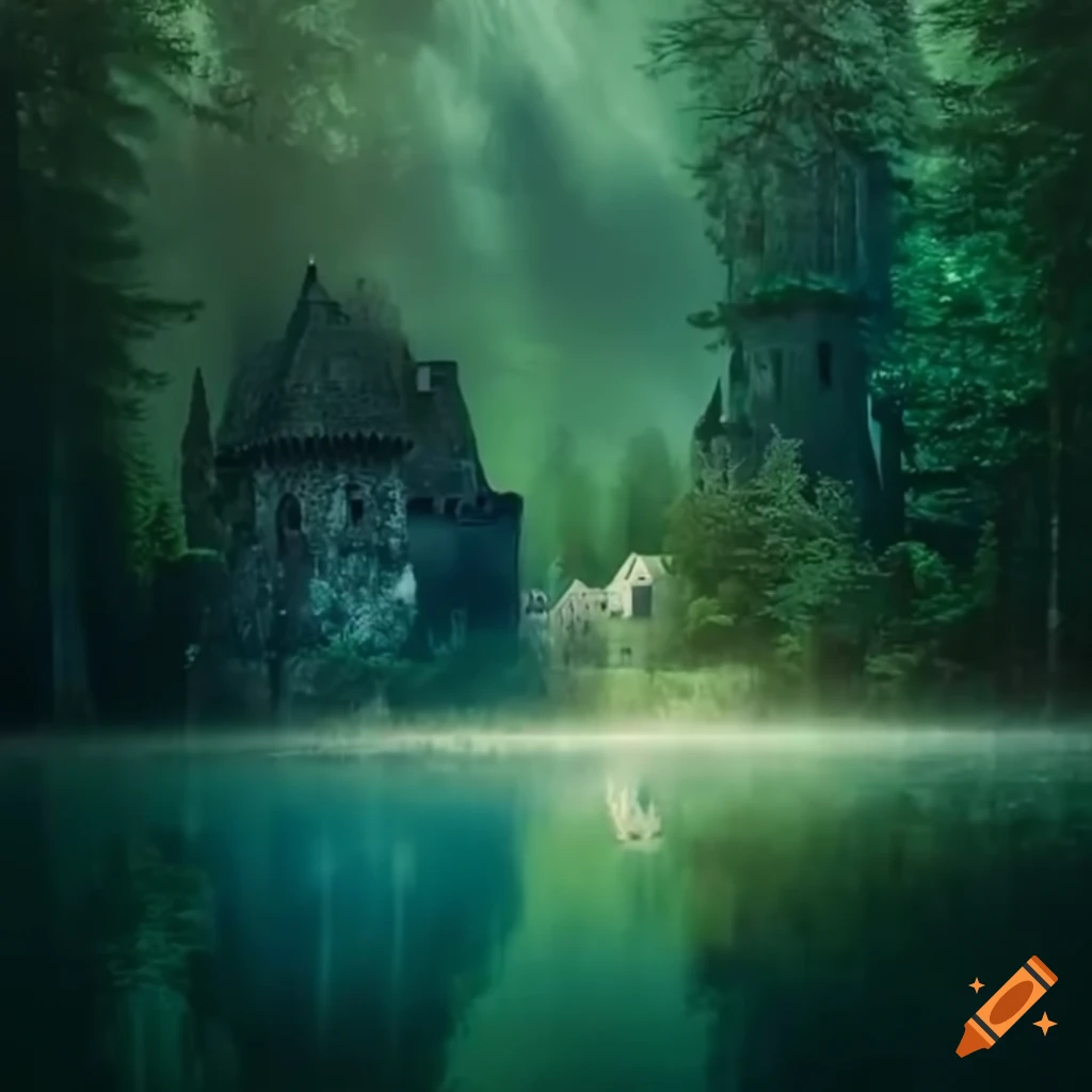 Enchanted forest with crystal lake and medieval castle