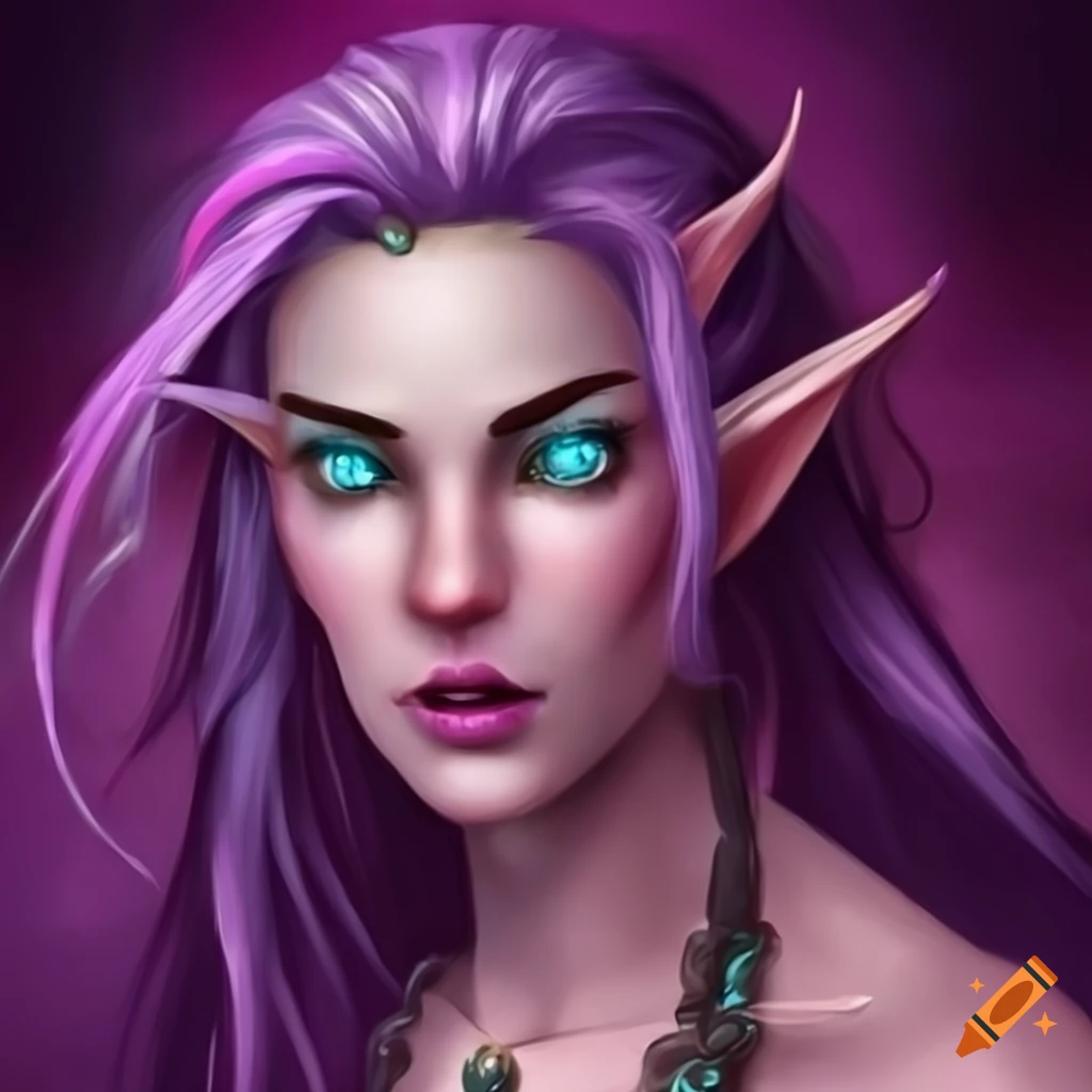 Beautiful hot pink elf sorcerer with teal eyes and purple hair