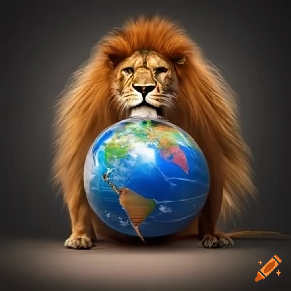 Lion with a globe in front, looking at the camera with a sign saying TestoDominance