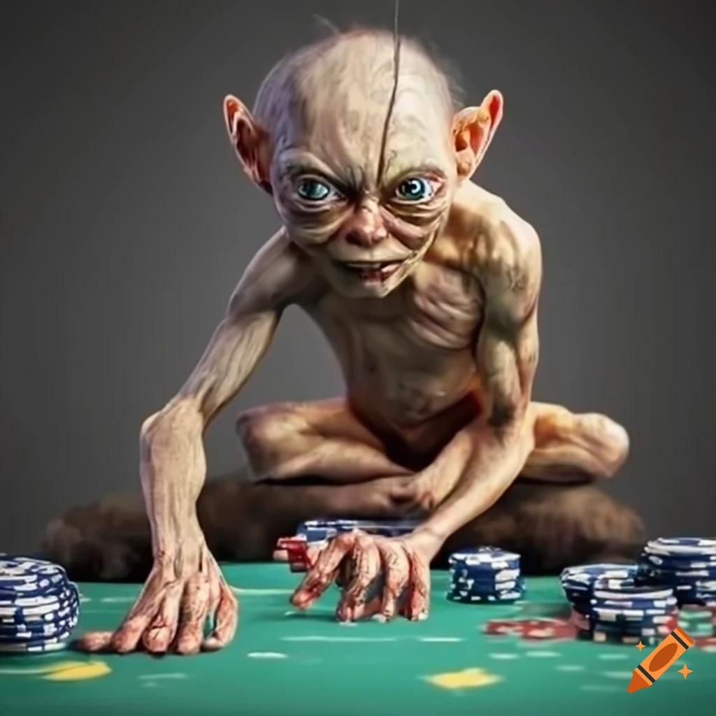 Gollum throwing a gold ring on a poker table in a fantasy setting