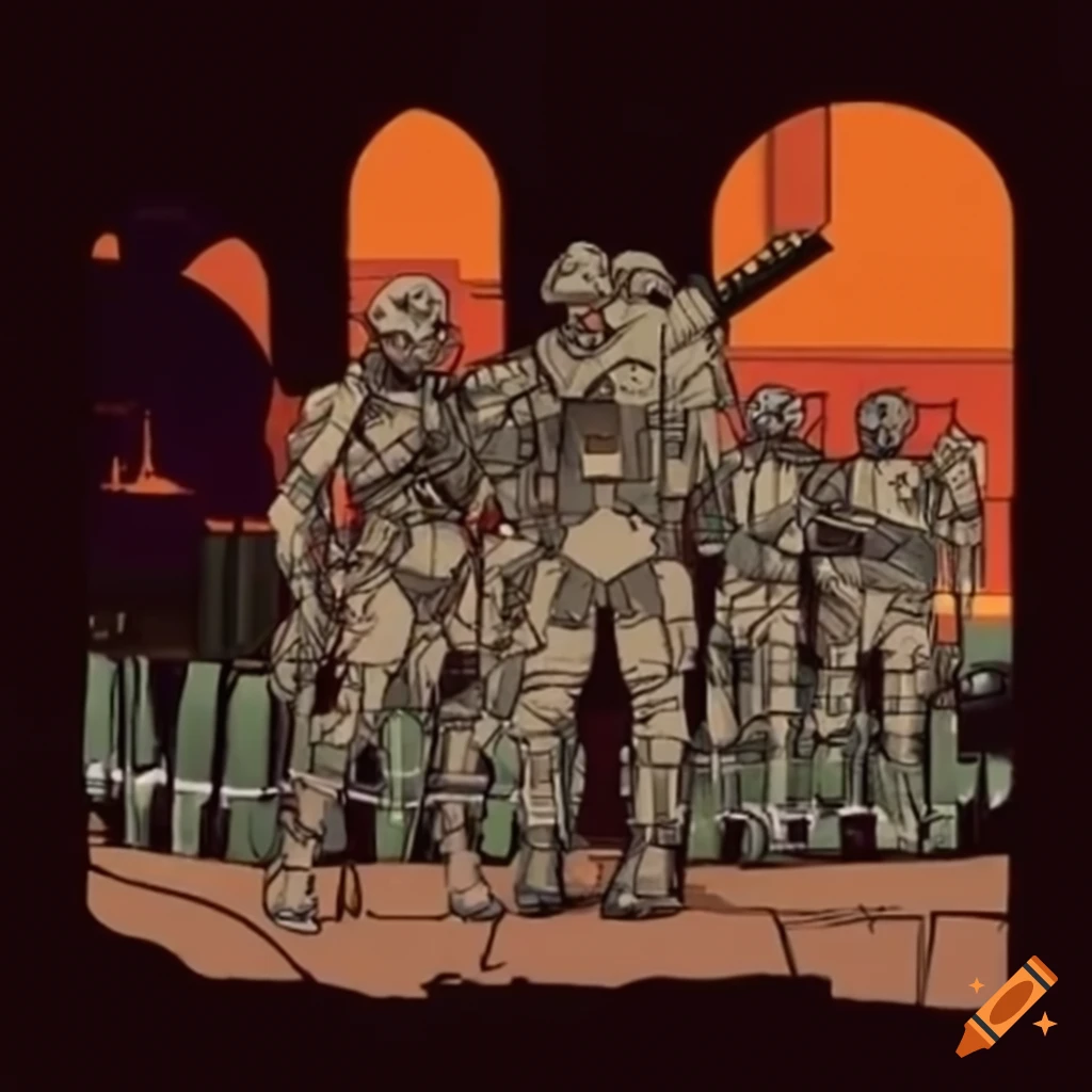 Futuristic soldiers guarding a castle in an inked style