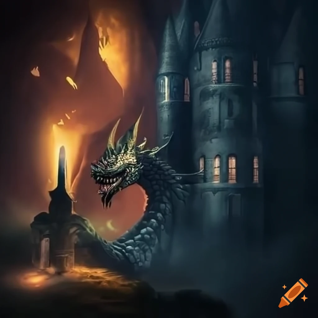 Night with sword facing dragon behind castle