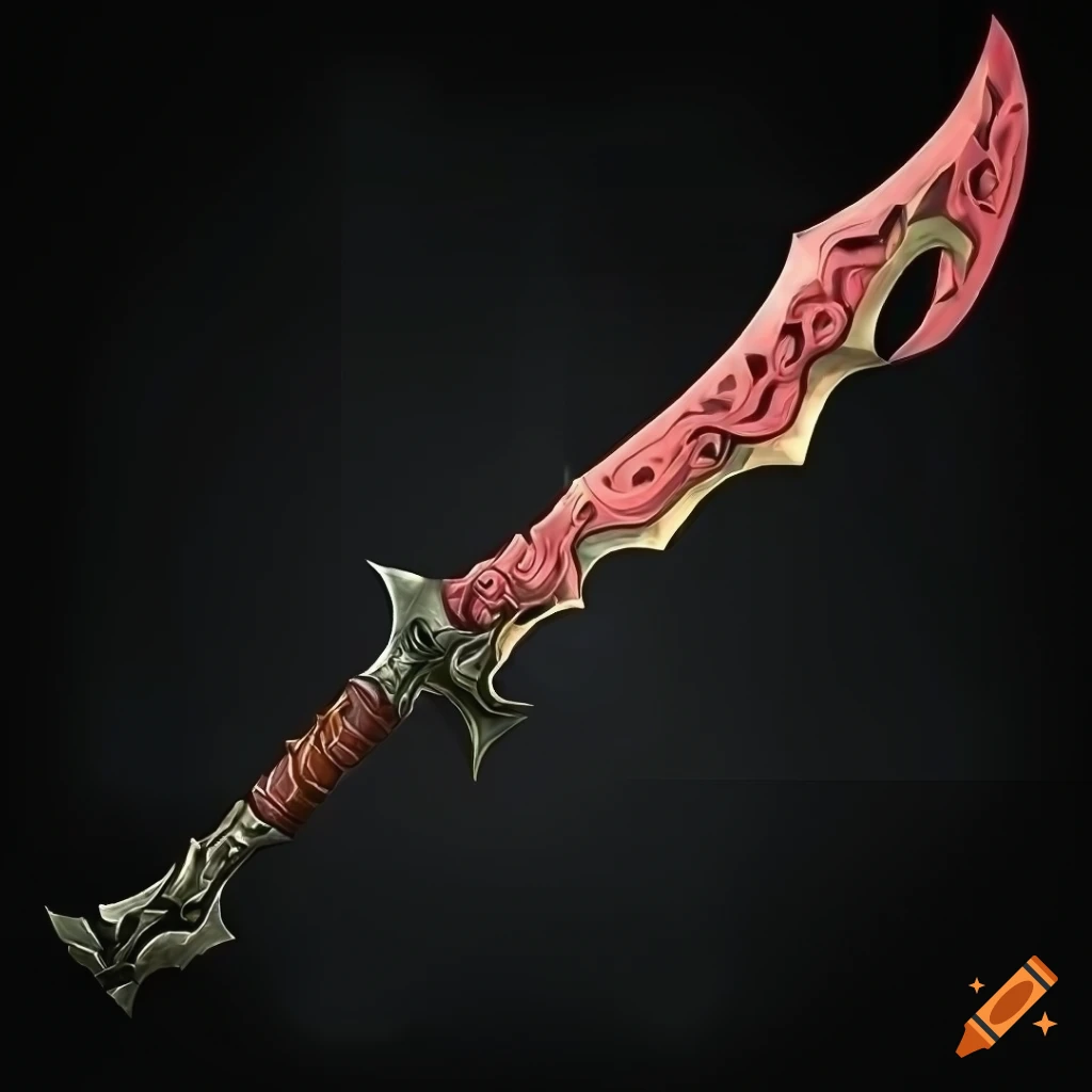Mythic elite poison scimitar weapon with vertical symmetry on black background