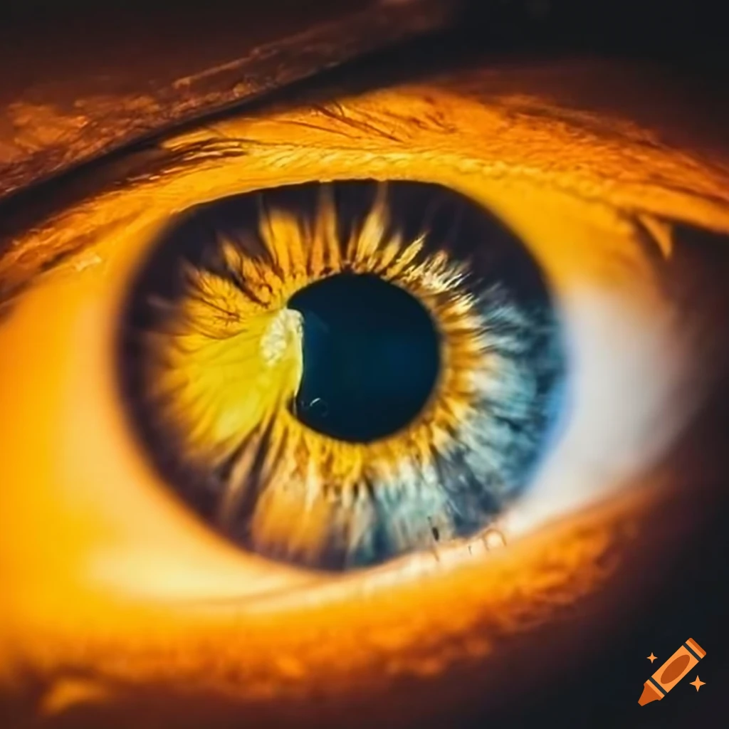 Human eye reflecting a sunset in the iris with vibrant colors