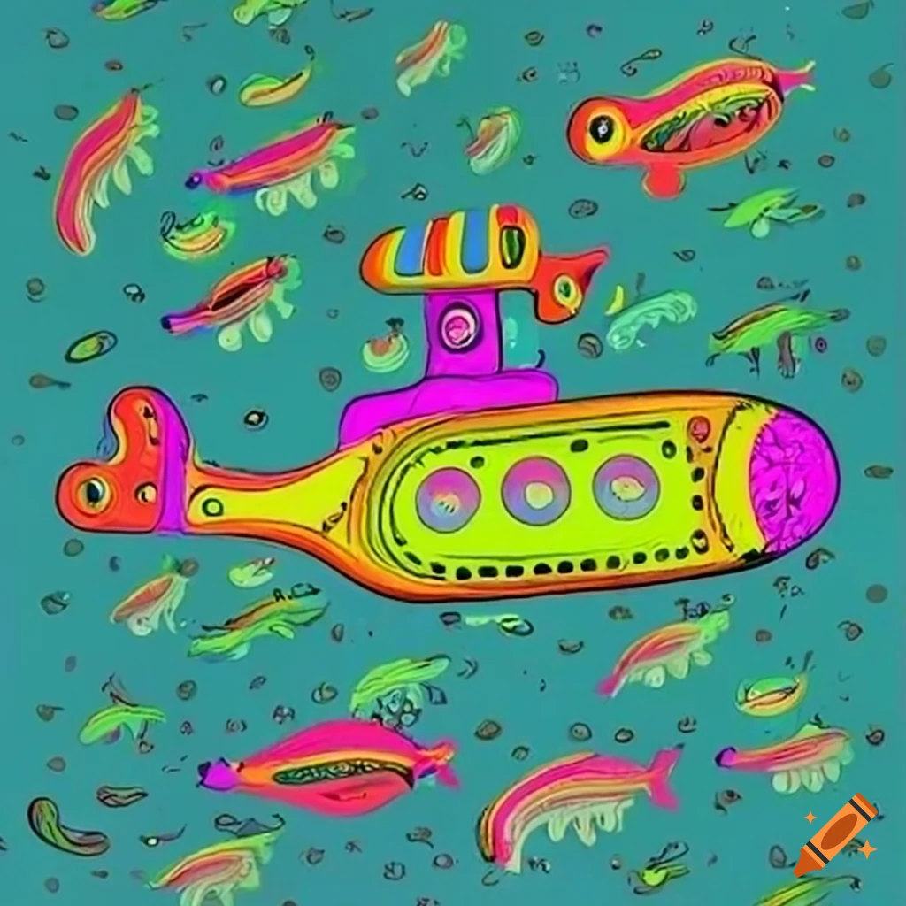 Yellow submarine in vibrant underwater world with whimsical sea creatures in retro psychedelic style