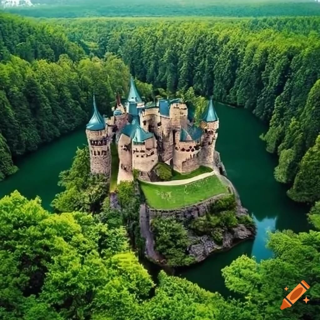Impressively detailed castle surrounded by lush greenery and a peaceful lake scene