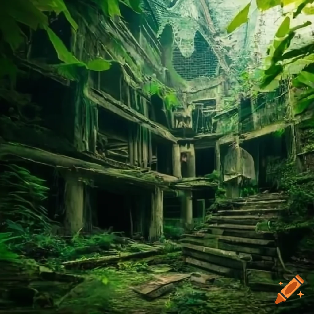 Old abandoned library overtaken by jungle growth