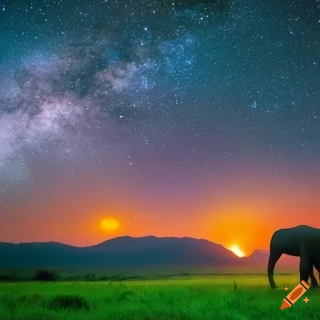 Elephants and giraffes grazing in a meadow with hills under a sunset sky