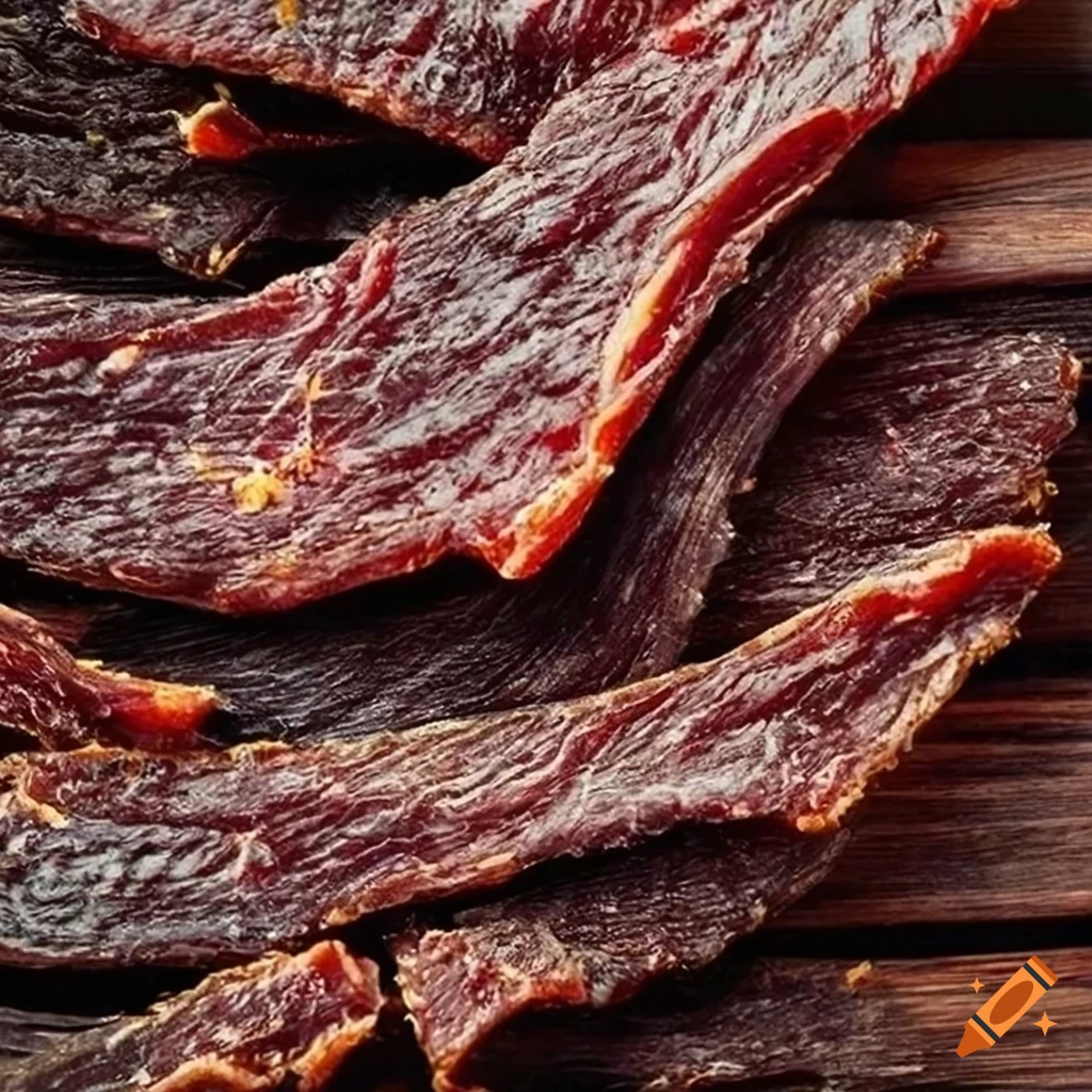 Delicious beef jerky strips on a wooden cutting board on Craiyon