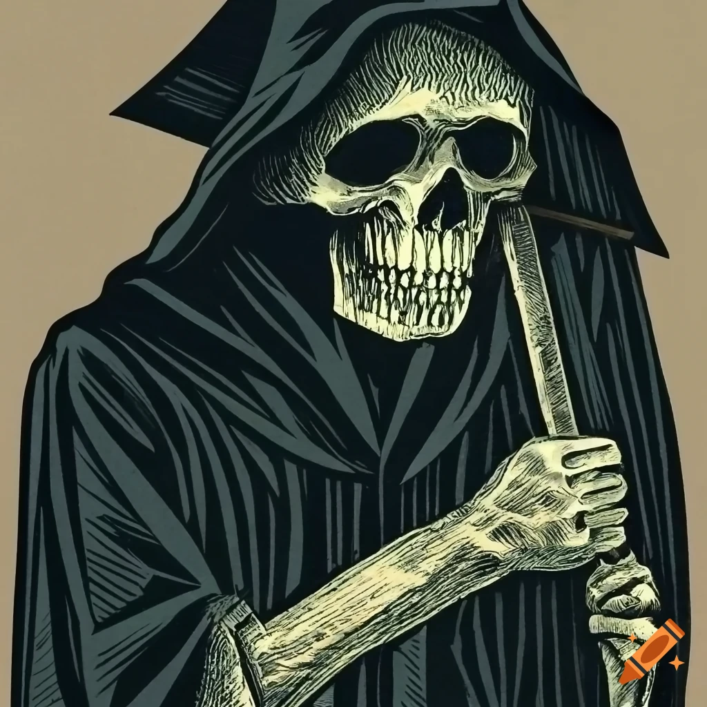 Vintage woodcut of ominous grim reaper with scythe in a memento mori style