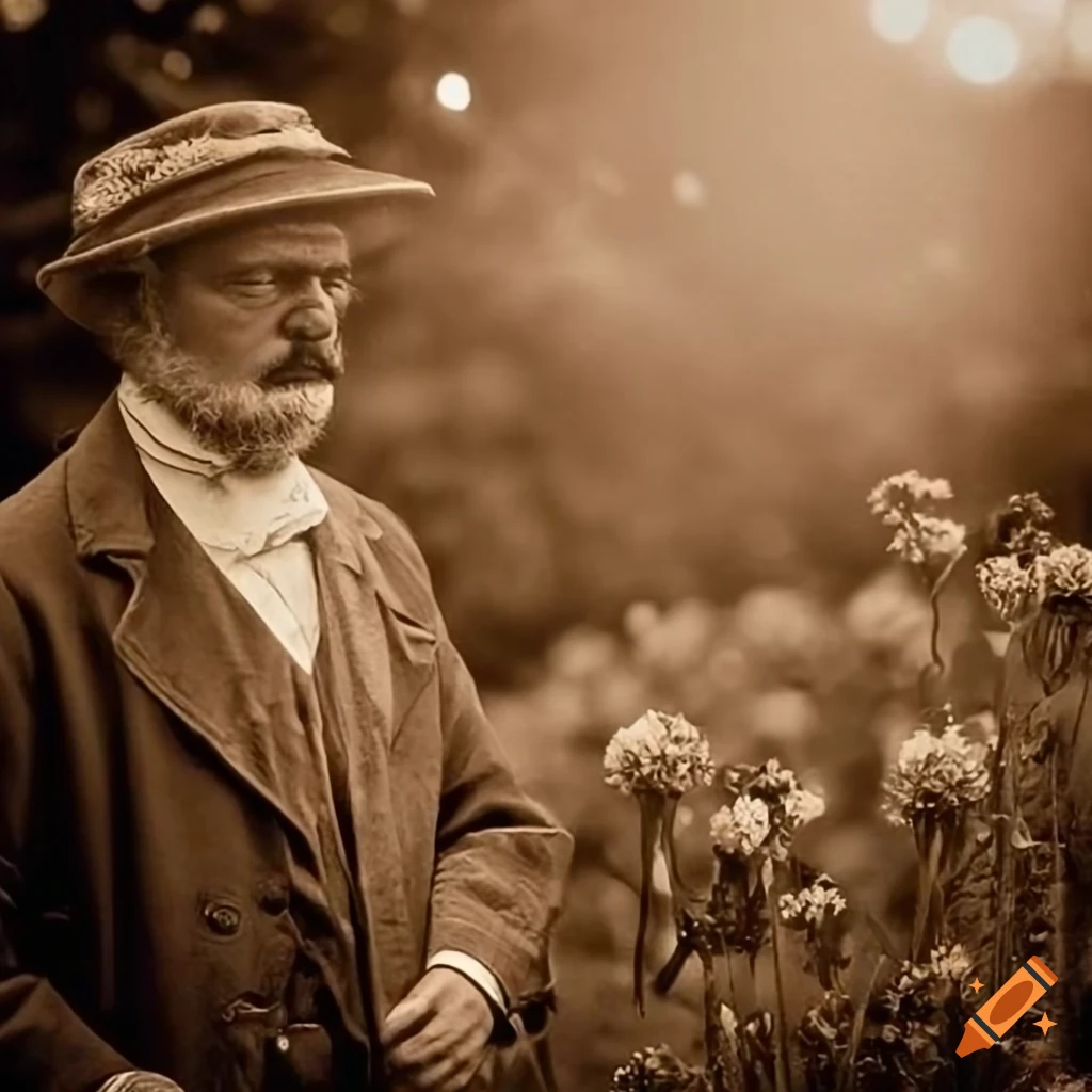 Proud Victorian archeologist by a flower bed in sepia portrait style