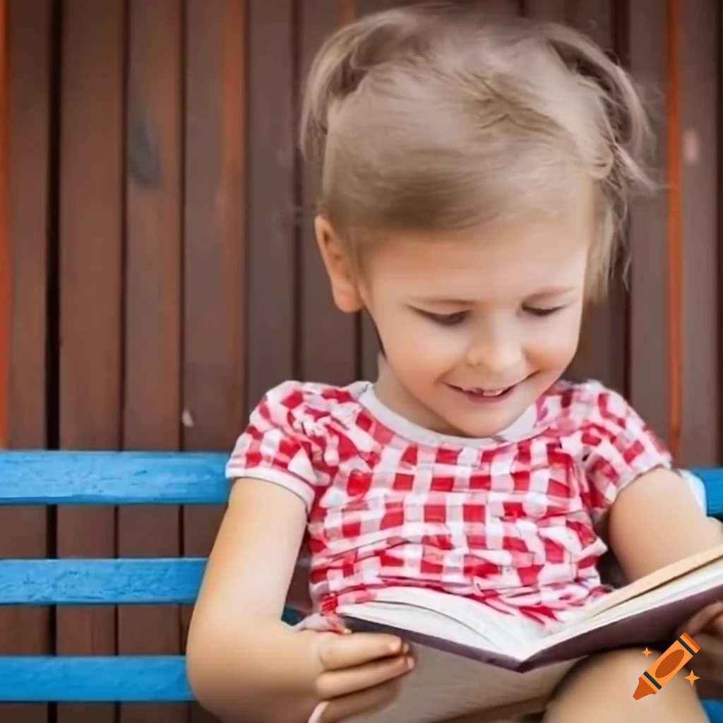 Child reading and imagining happily on a porch bench