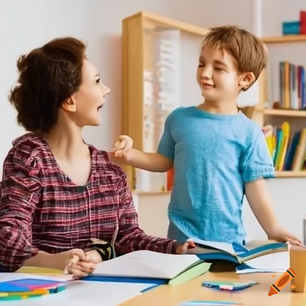 Teacher explaining a problem to a happy and excited child