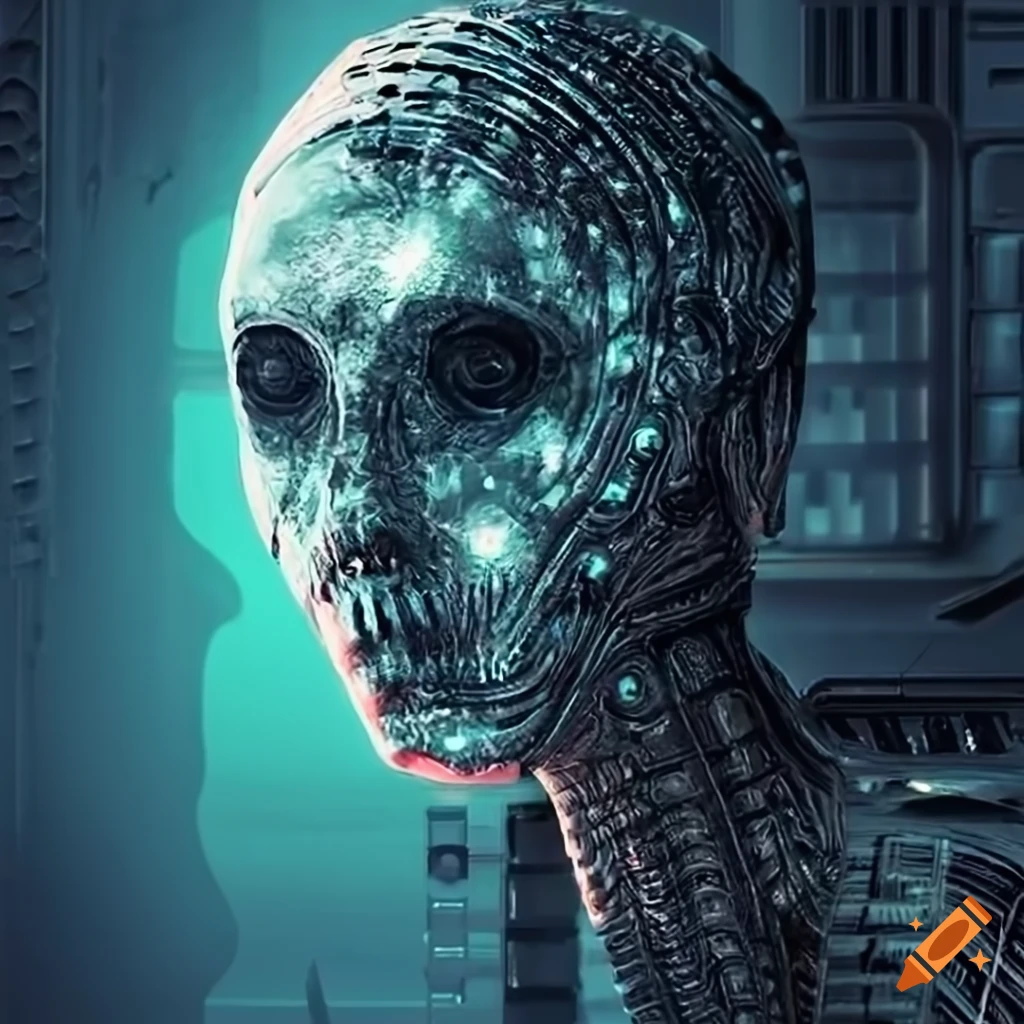 Surrealist aliens inside a Giger spaceship with futuristic AI technology