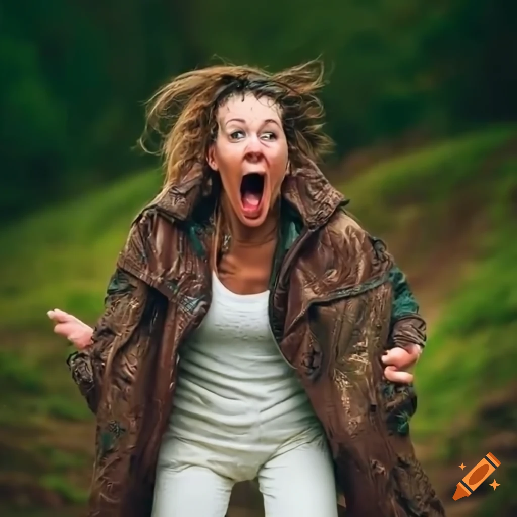 Woman sliding down steep muddy hill in white jeans and jacket