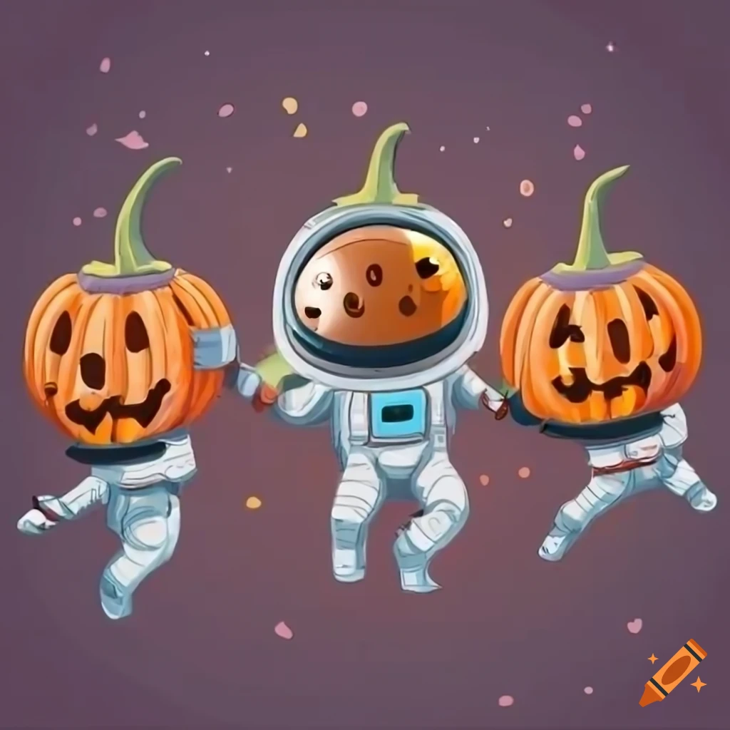 Cartoon astronauts dancing in zero gravity inside a spaceship