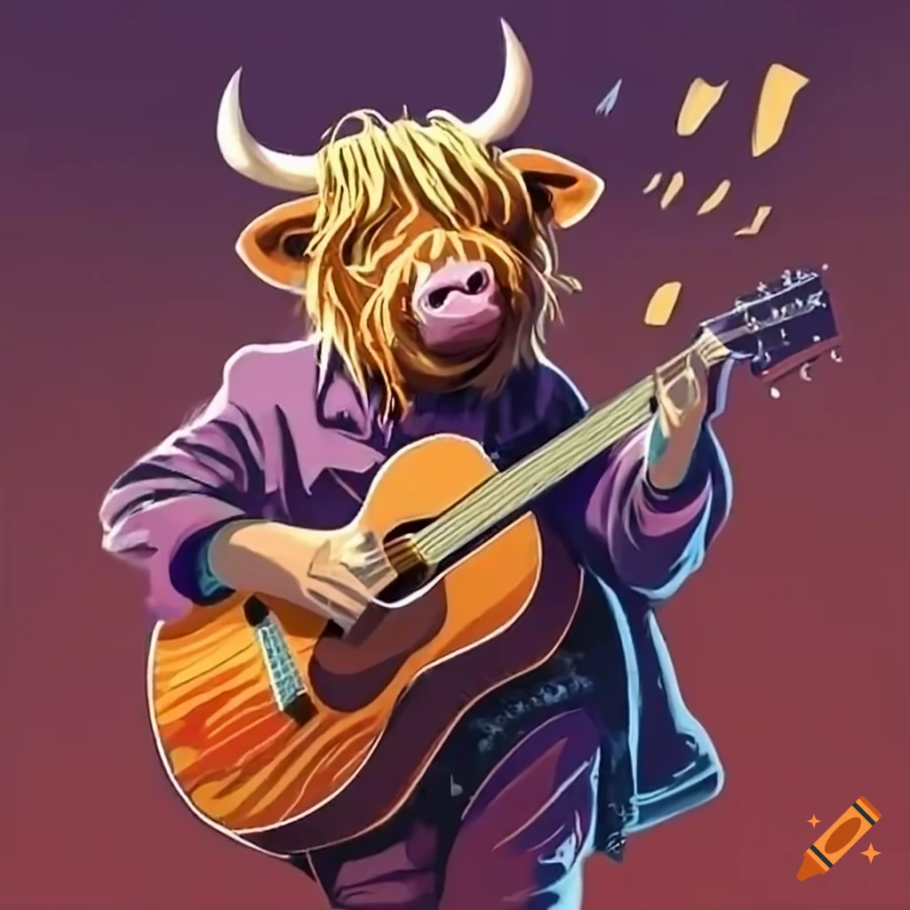 Highland cow playing guitar and singing