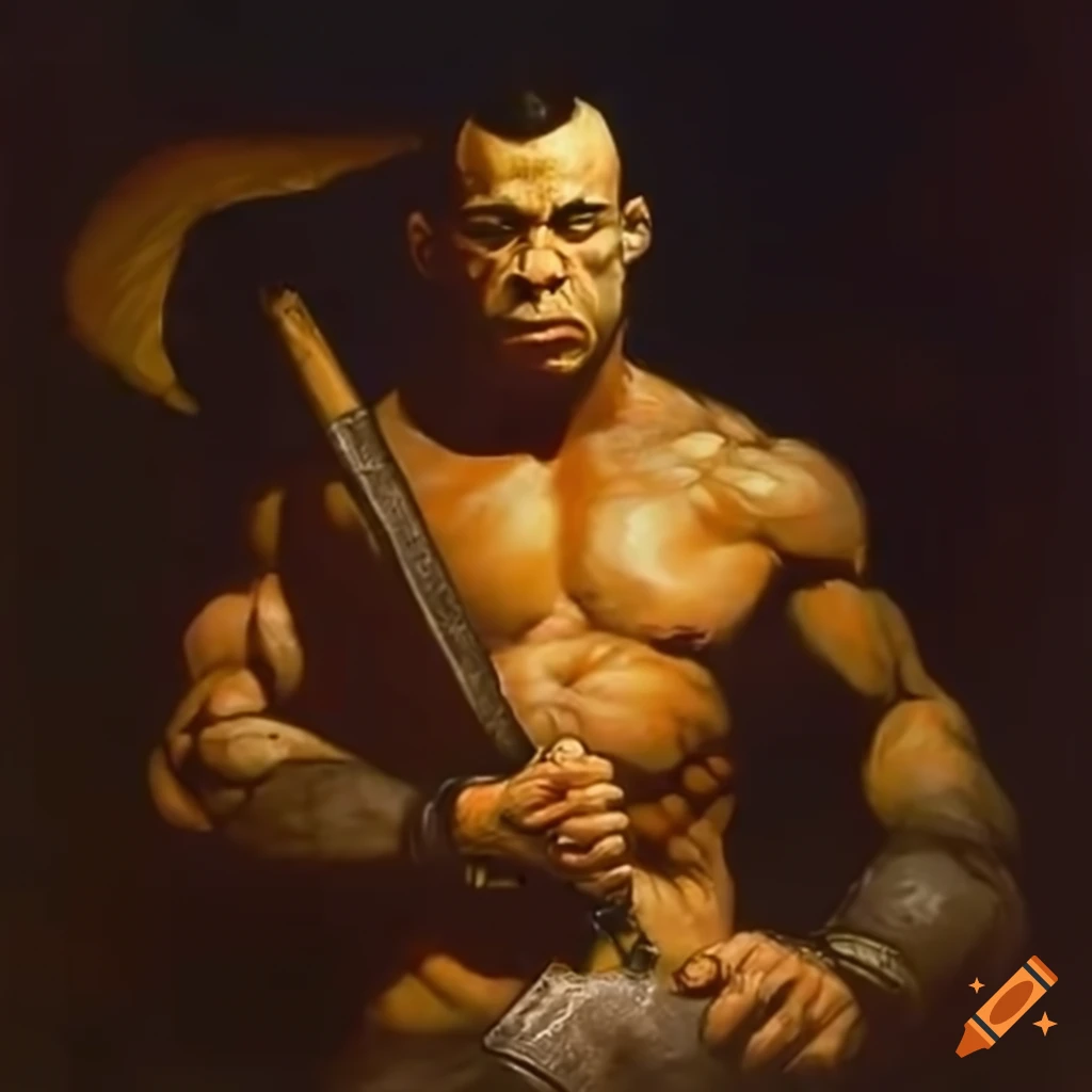 Wanderlei Silva holding an axe inside an MMA octagon in Frank Frazetta style