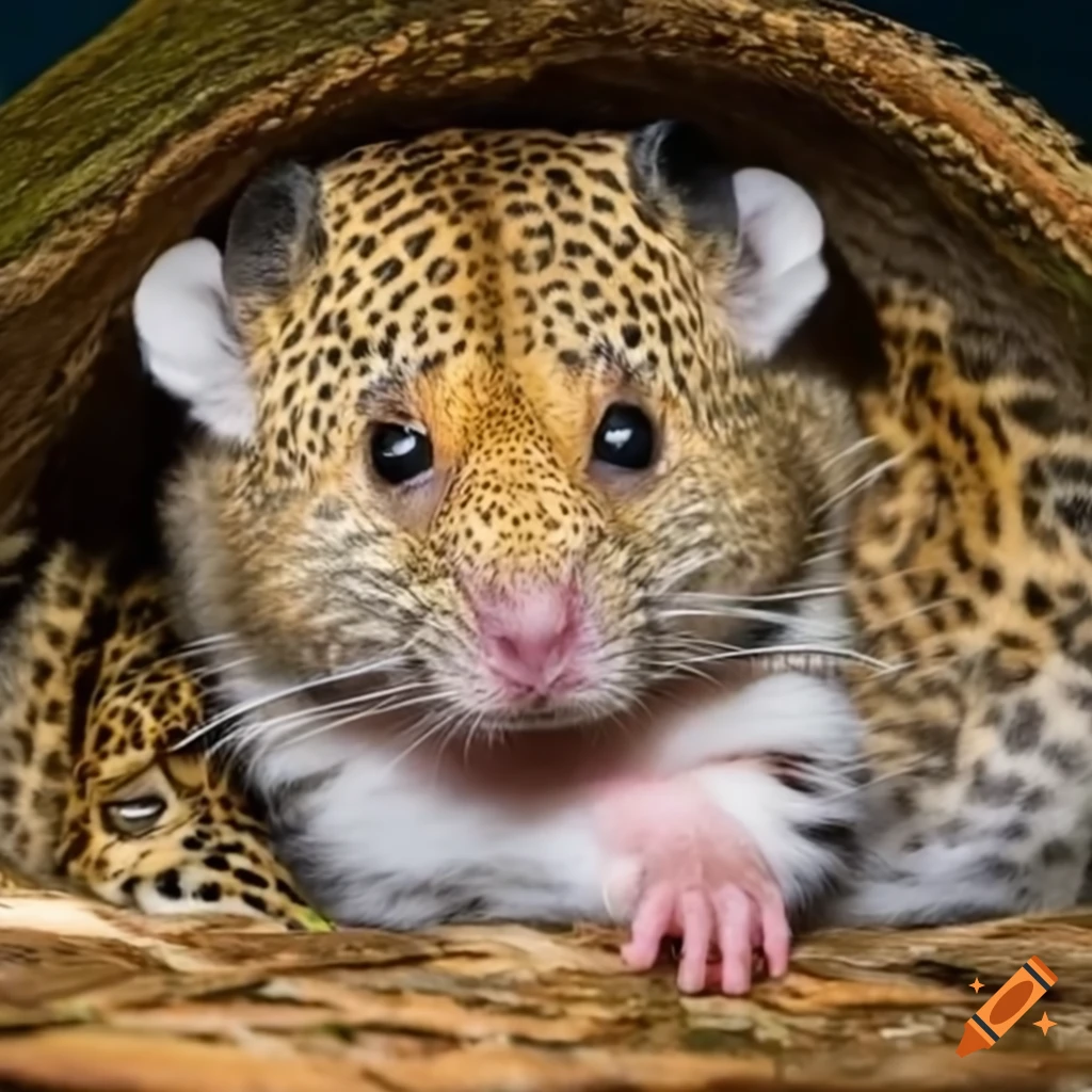 Leopard transforming into a hamster with prominent front incisors