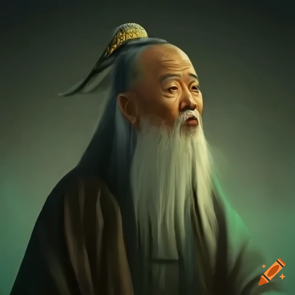 Ancient Chinese landscape with mountains, rivers, and trees in a misty atmosphere, wise old man with white beard