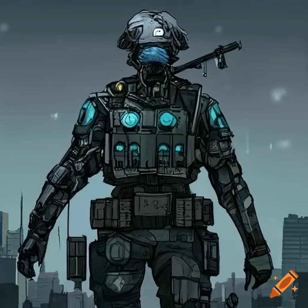 Futuristic soldiers guarding a city in an inked style