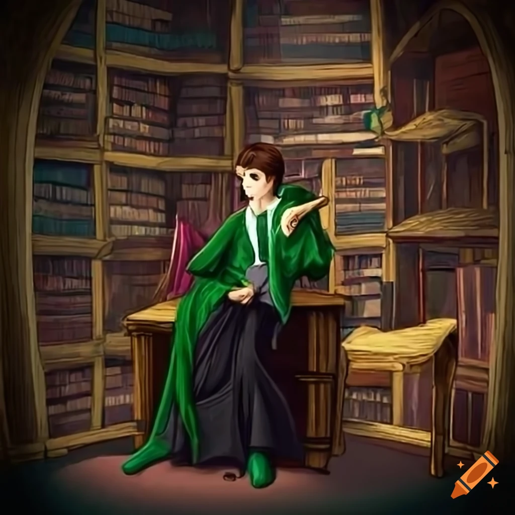 Young man in Slytherin attire pondering in an enchanted library with ancient books