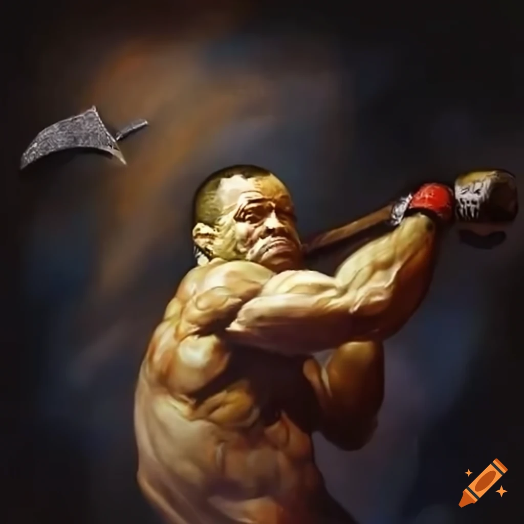 Wanderlei Silva with an axe in an MMA octagon in Frank Frazetta style