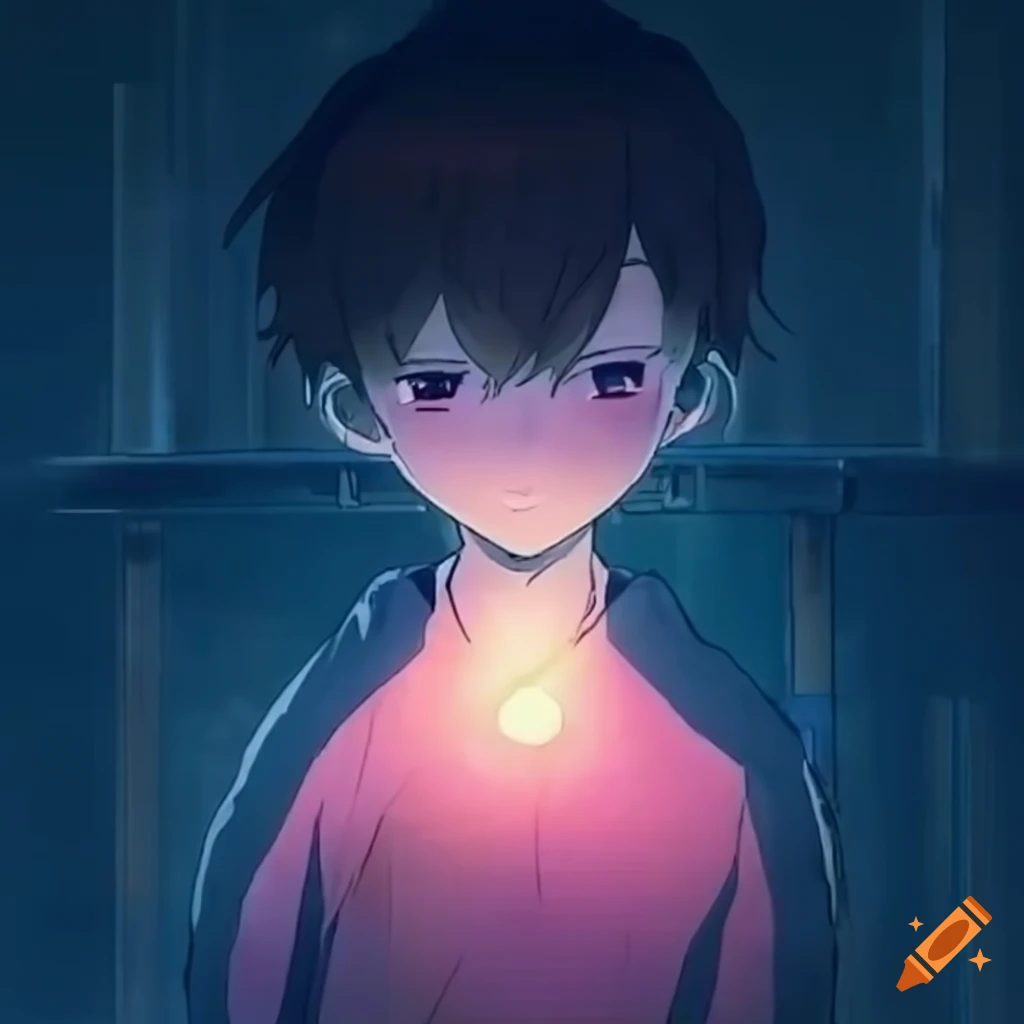 Lonely anime boy character in a lofi song cover scene at night