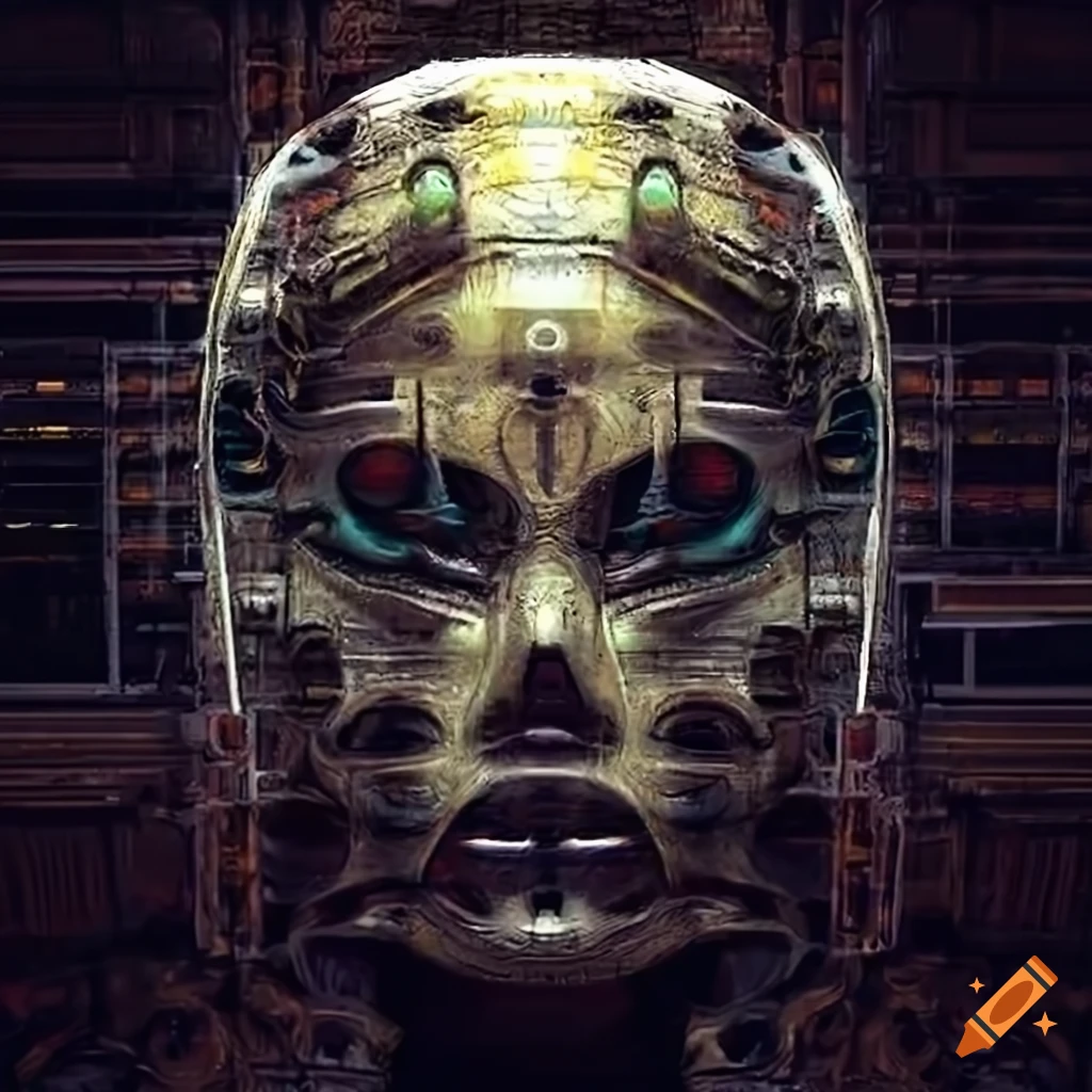 Surrealist aliens visit inside Giger spaceship with strange machine and futuristic transparent face