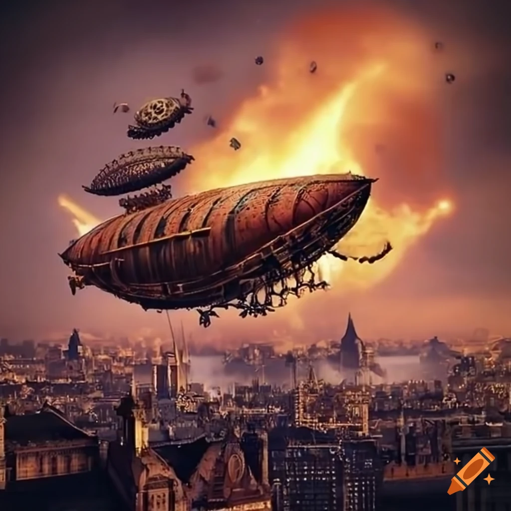 Battle between steampunk airships above city rooftops