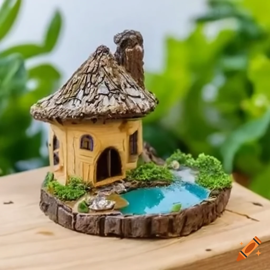 Mini fairy house made of branches with a tiny lake in a miniature diorama