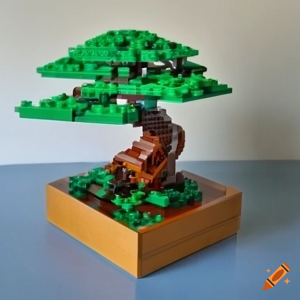 Fully built LEGO bonsai tree with original packaging in the background