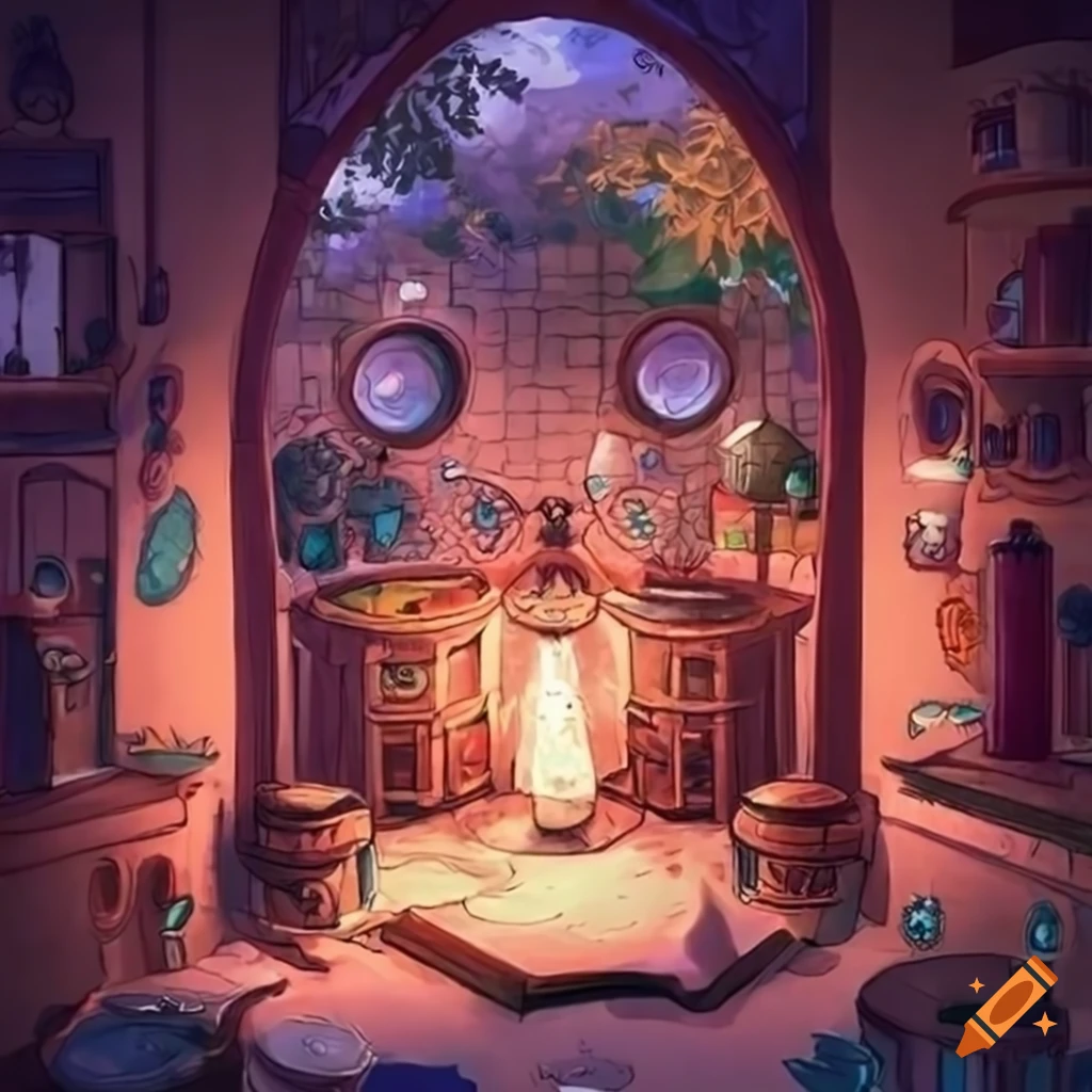 Detailed anime-style dwelling with cauldrons, books, and potion bottles