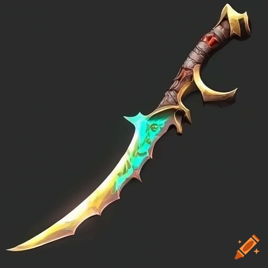 Mythic elite poison scimitar weapon with vertical symmetry on a black background