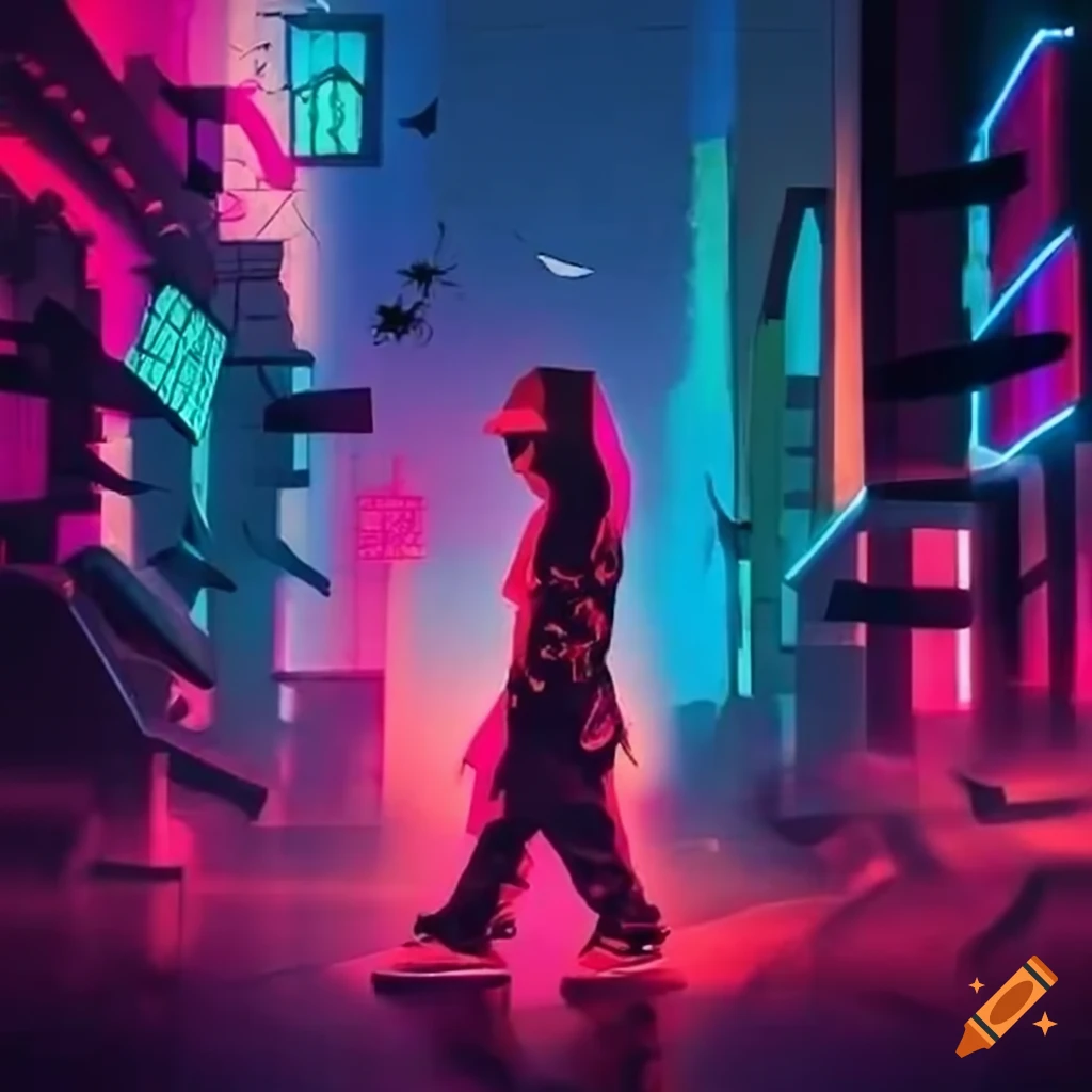 Sleek ninja in a vibrant urban landscape with neon lights