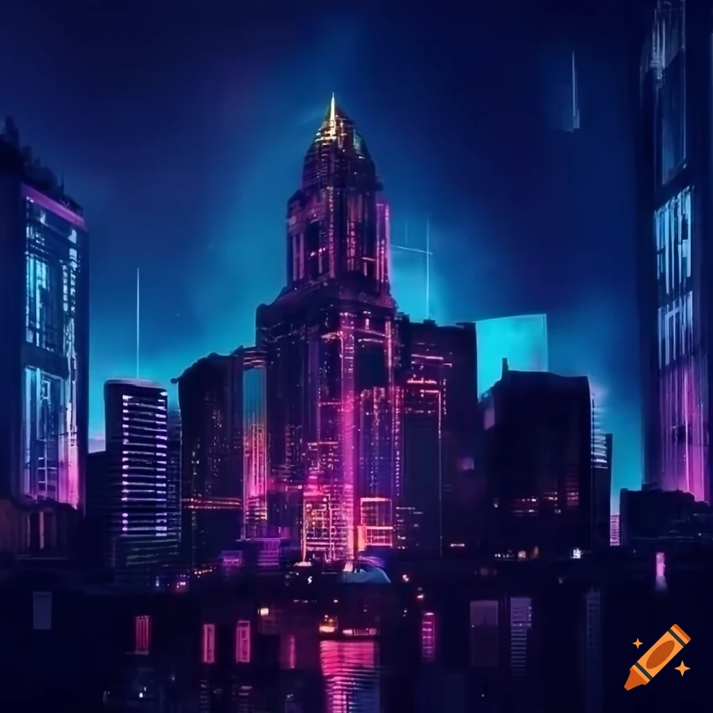 Urban metropolis with neon lights and towering structures inspired by mythology