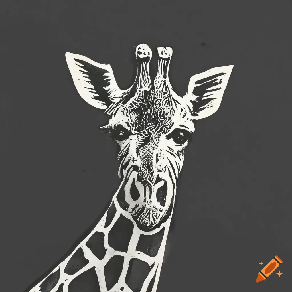 Giraffe linocut on a black background