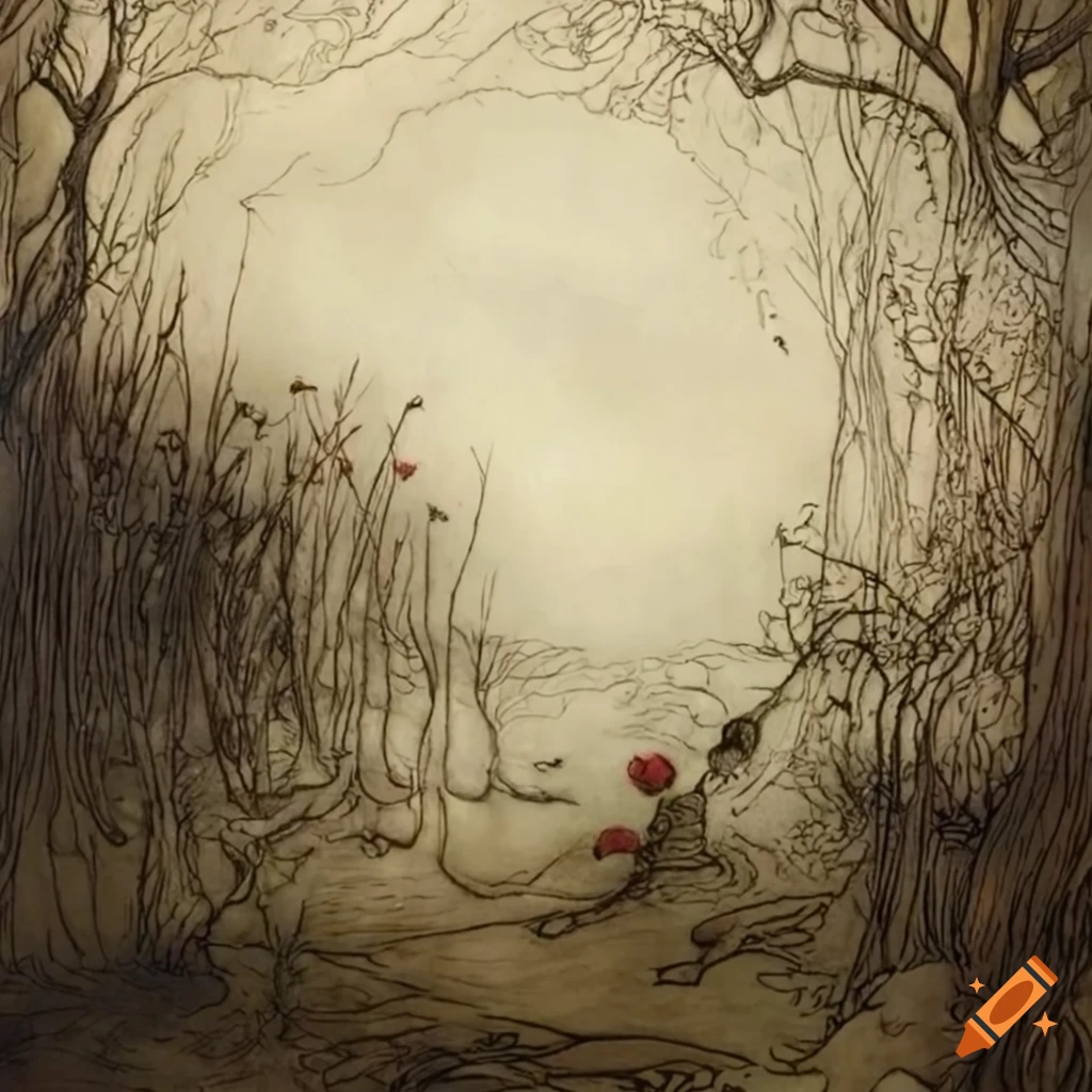Surrealist painting in Arthur Rackham's style with wilted flowers in a ...