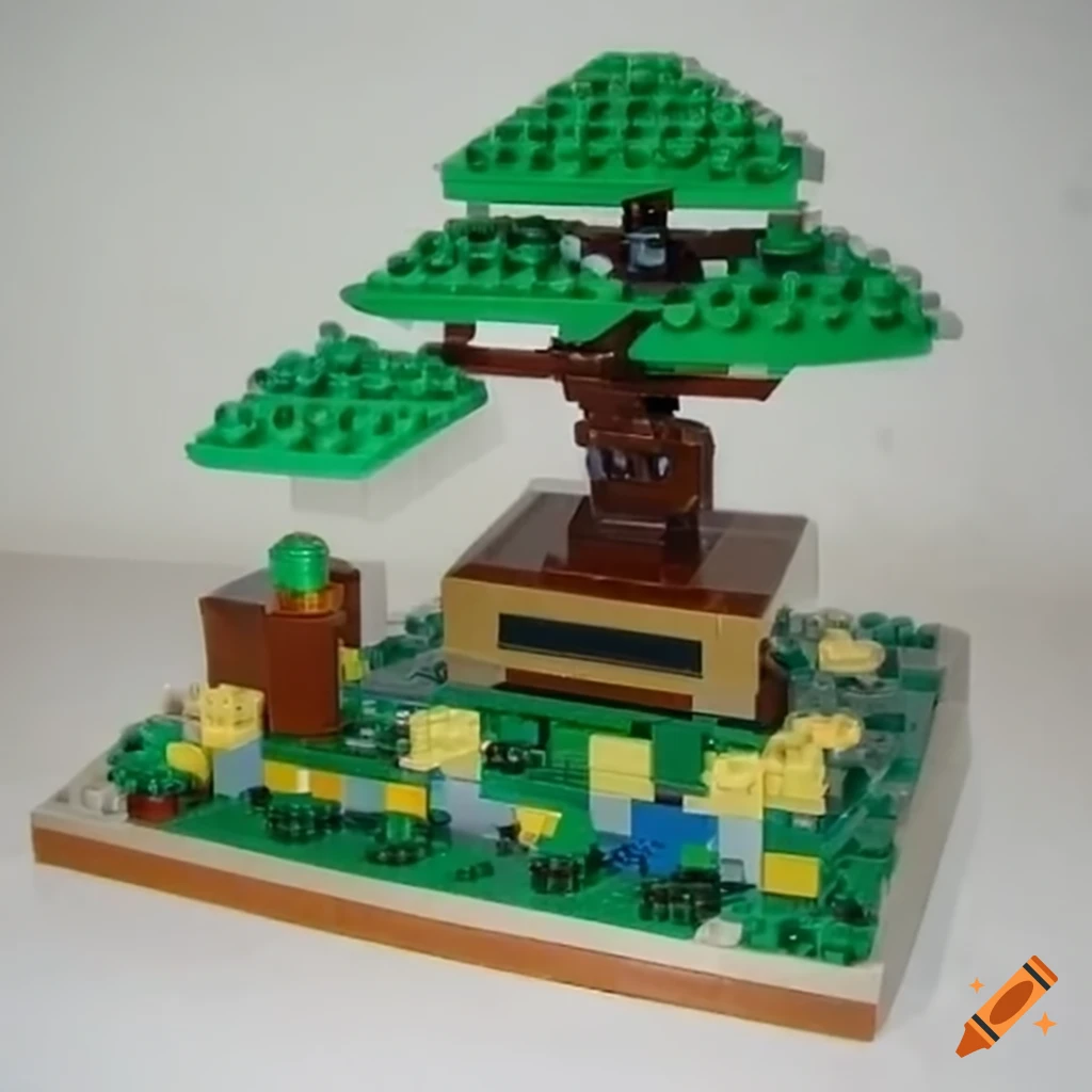 Fully built LEGO bonsai tree with original packaging in the background