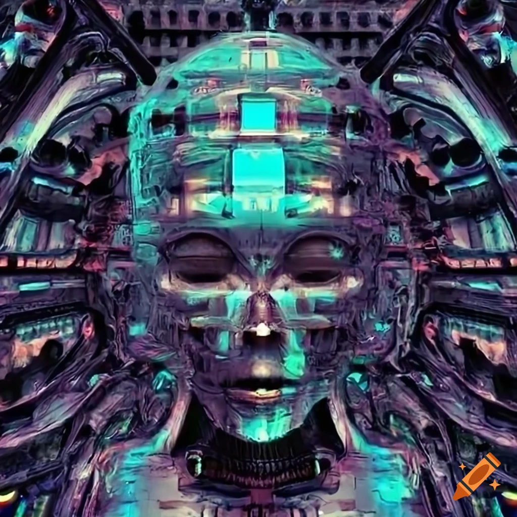 Surrealist aliens visit inside Giger spaceship with strange machine and futuristic transparent face