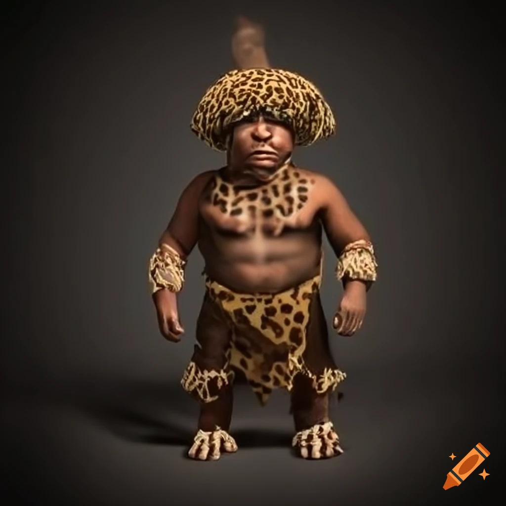 Zulu male gnome in traditional clothing with leopard skin cap