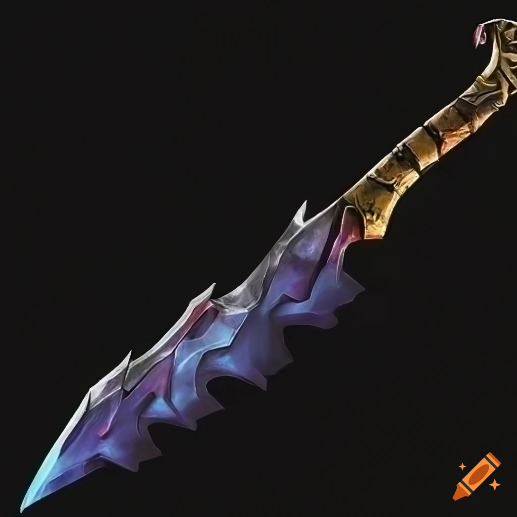Mythic poison scimitar weapon on black background with geometric design