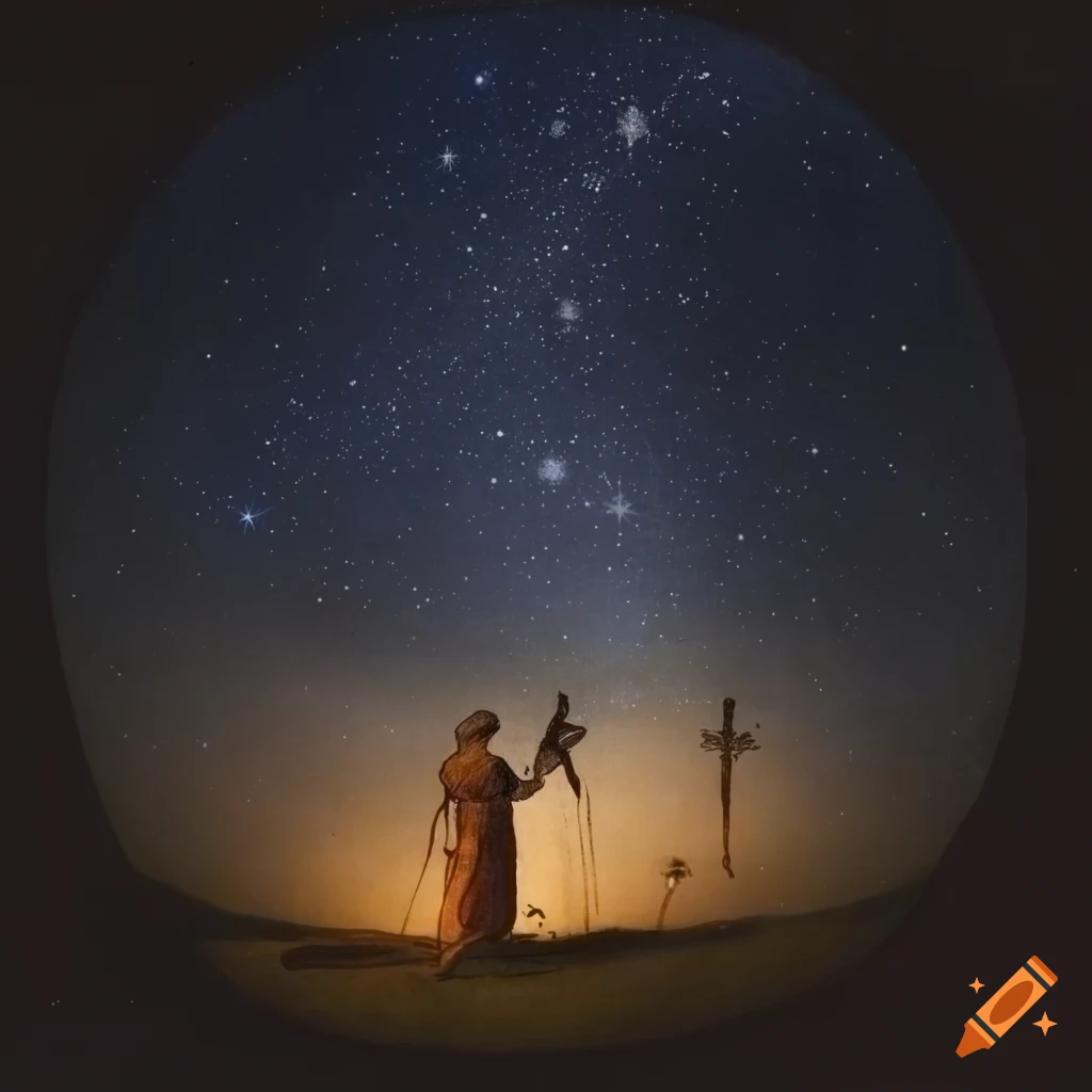 Medieval manuscript with priest, skeleton, and night sky star