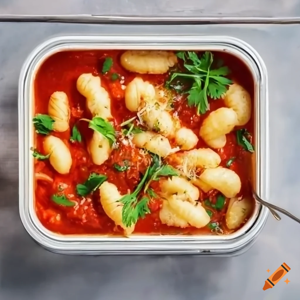 Delicious homemade potato gnocchi with tomato sauce and spices in a tiffin box