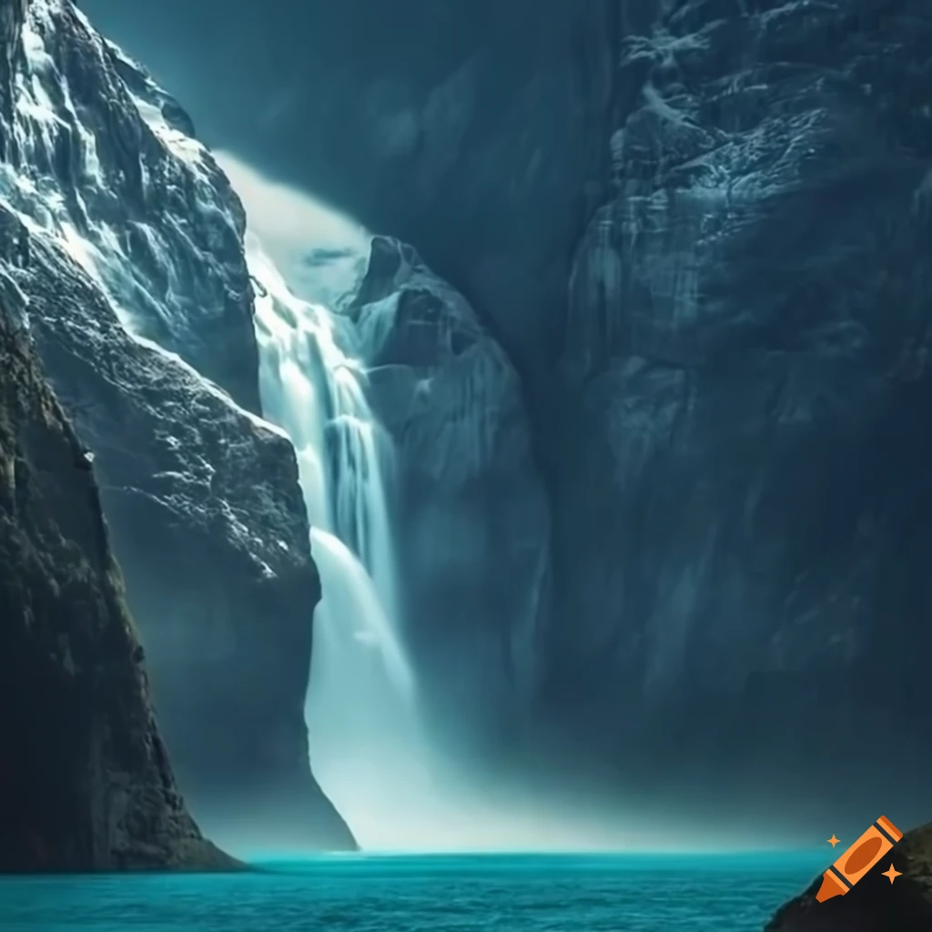 Fjord landscape with high mountains, waterfall, and mystical light