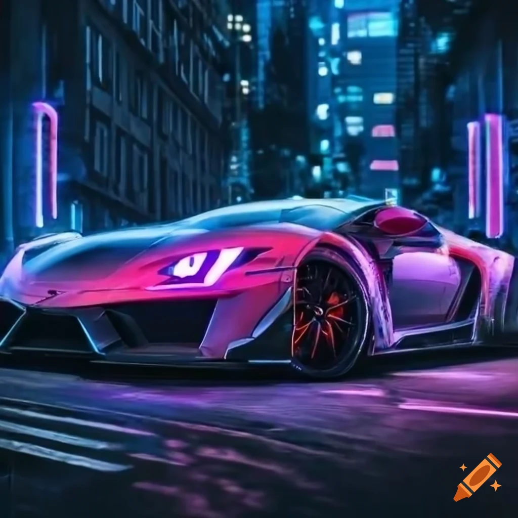 Stunning supercar under neon city lights