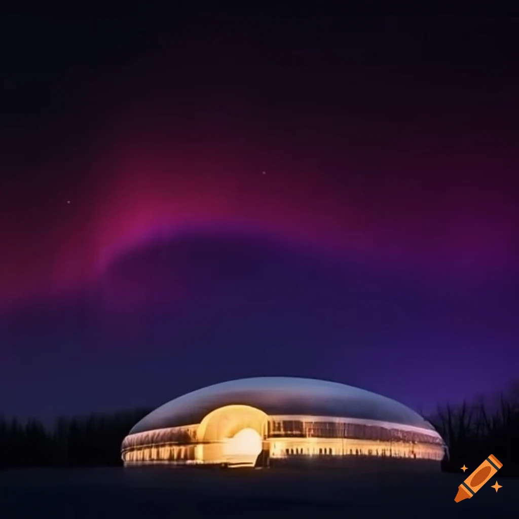 Hotel with Y and oval shape under northern lights
