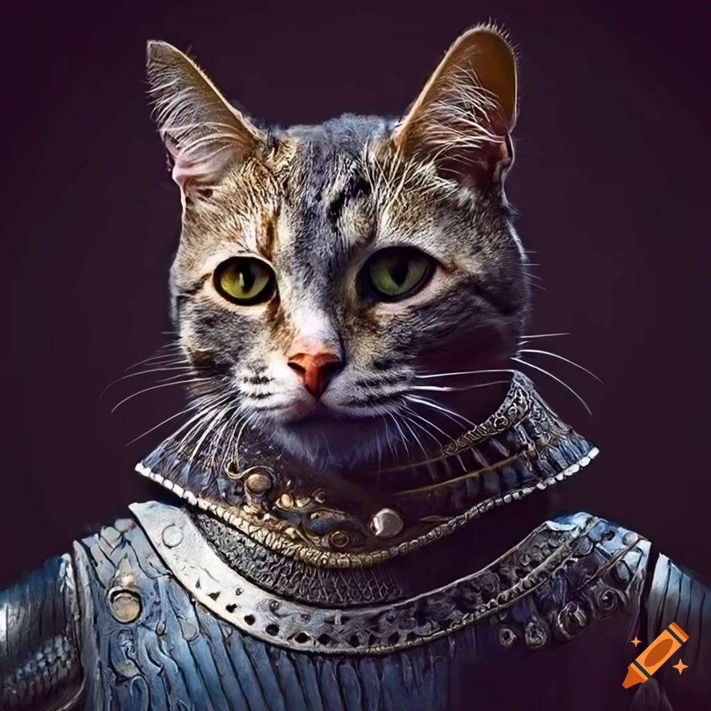 Cat wearing renaissance-style armor in a portrait
