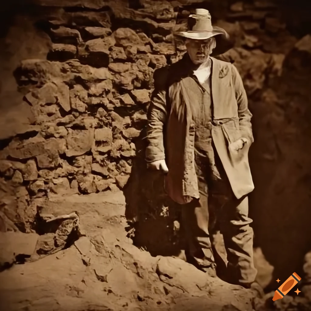 Edwardian archeologist next to an excavation in sepia style